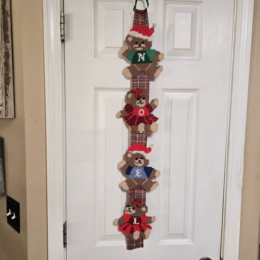 Adorable Vintage Needlepoint NOEL Bears with Bells Wall Hanging Granny Core